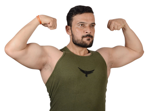 Modern Bird Cotton Ripped Gym Vest – Olive Green