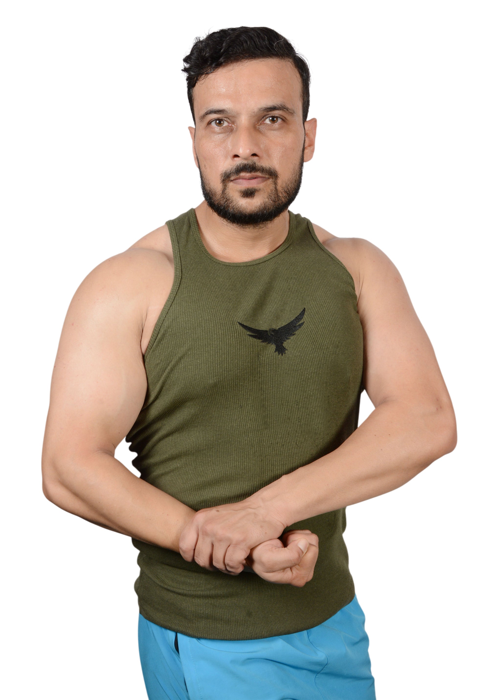 Modern Bird Cotton Ripped Gym Vest – Olive Green